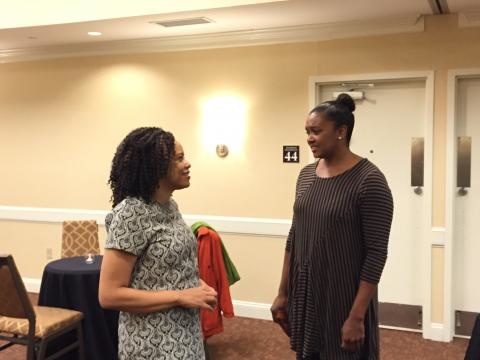 Faculty members, Deborah Whaley and Miesha Marzell, catch up
